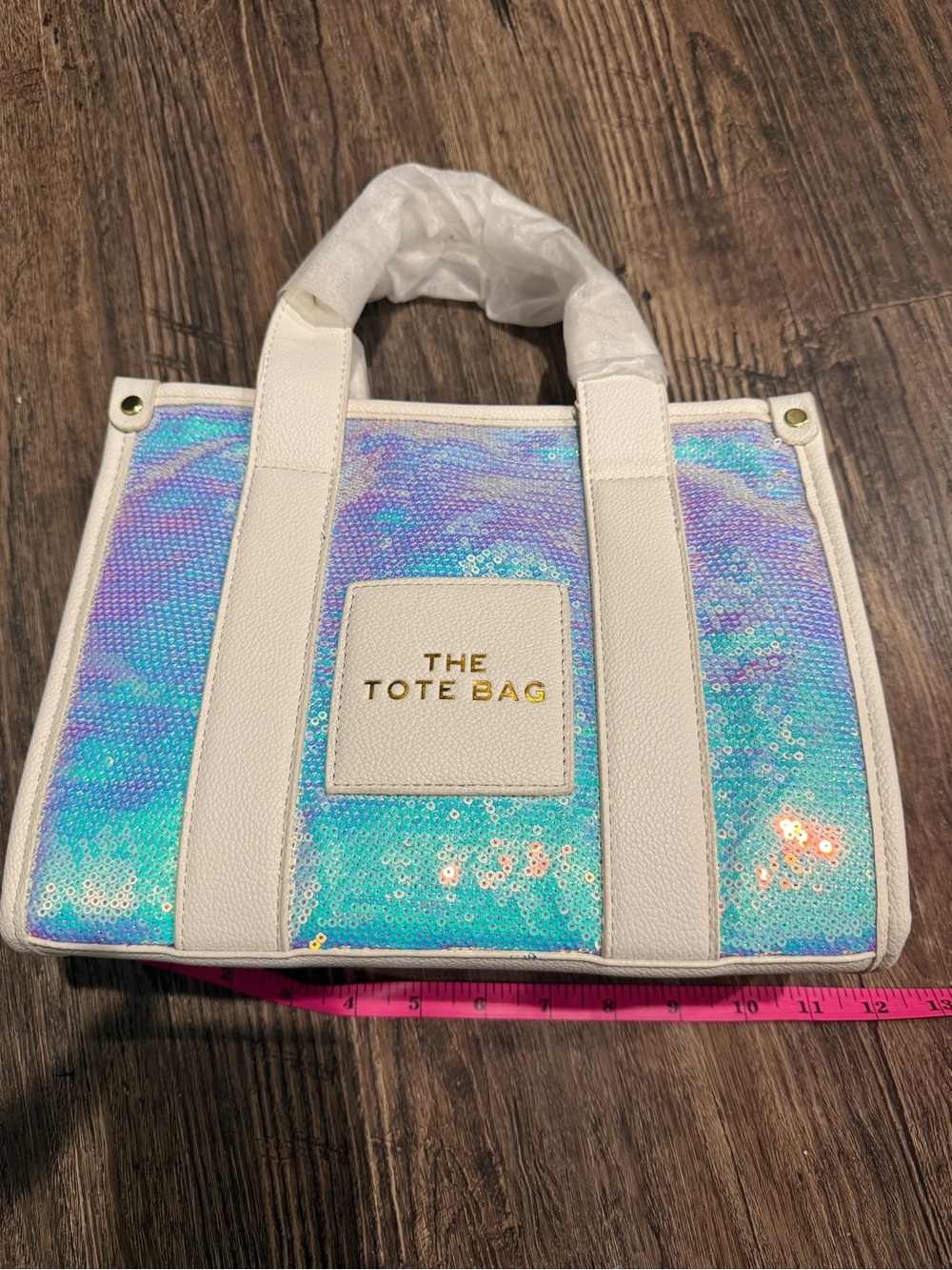 The Tote Bag Iridescent Sequin Small Tote in White Trim